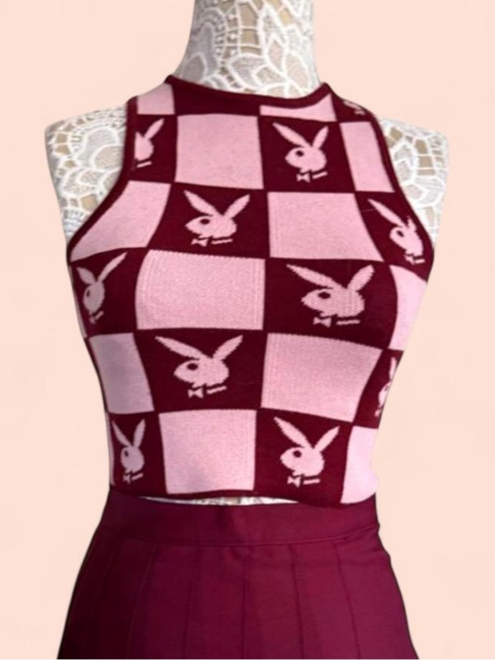 Playboy by Missguided Checkerboard Halter Crop Top in Pink and Burgundy